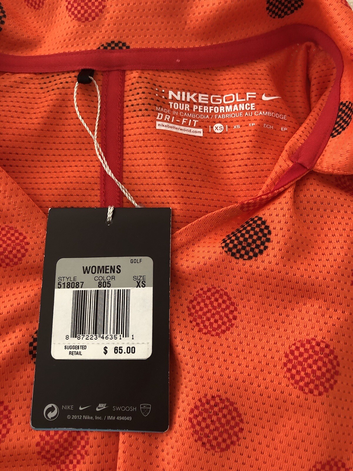 NIKE Golf Tour Performance DRI-FIT Orange Large Pixel Polka Dot S/S Top XS NWT