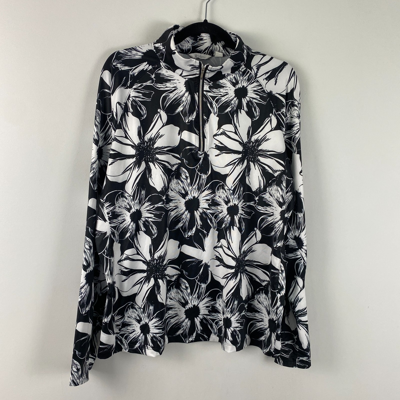 Lady Hagen Pullover Womens XL Black White Floral 1/4 Zip Stretch