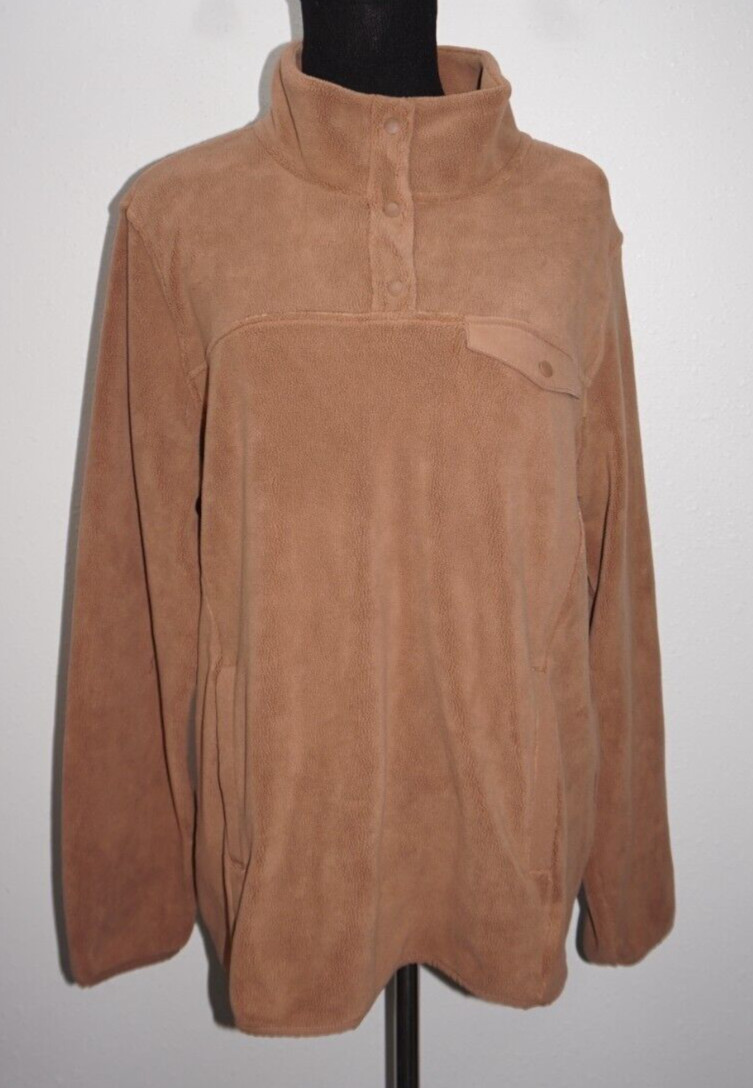 32 Degrees Heat Fleece 1/4 Zip Snaps Pockets Top Shirt Womans Sz L Mocha Tan