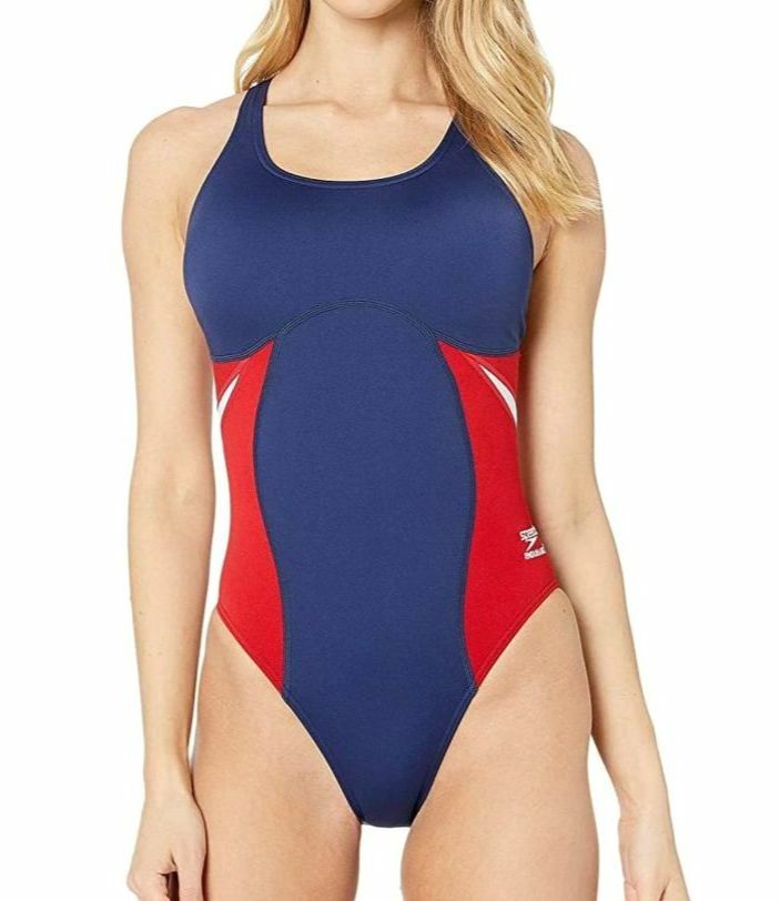$198 Speedo Women’s Blue Red Spark Splice Super Pro One-Piece Swimsuit Size S