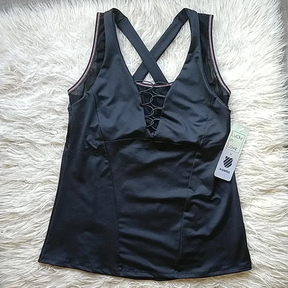 K-SWISS X Lucky in Love Laced Up Tank Top Tennis Athletic Black Layered Bra S