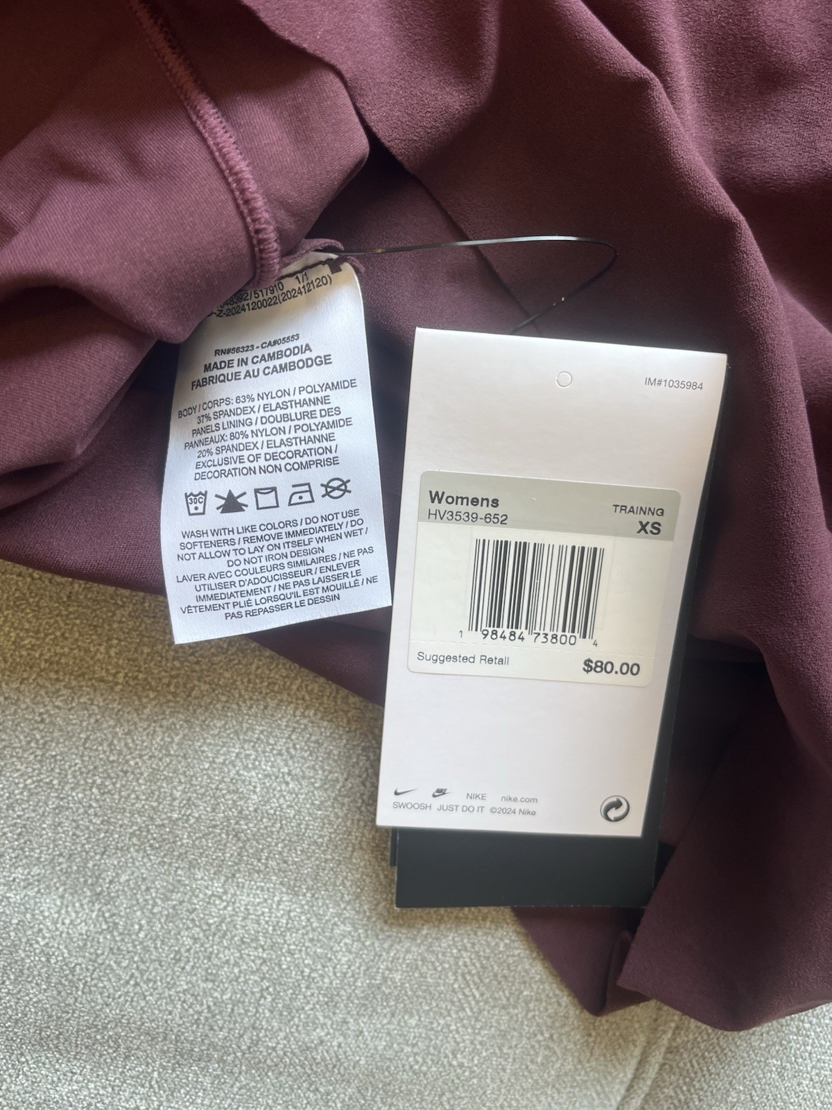 NWT Nike Zenvy Women’s Dri-FIT Yoga Top Prune XS Tight Fit Burgundy HV3539-652