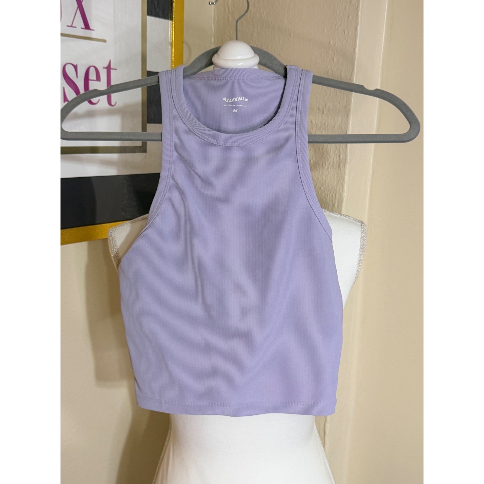 Allfenix Lavender Ribbed High Neck Racerback Crop Tank Top Purple Medium