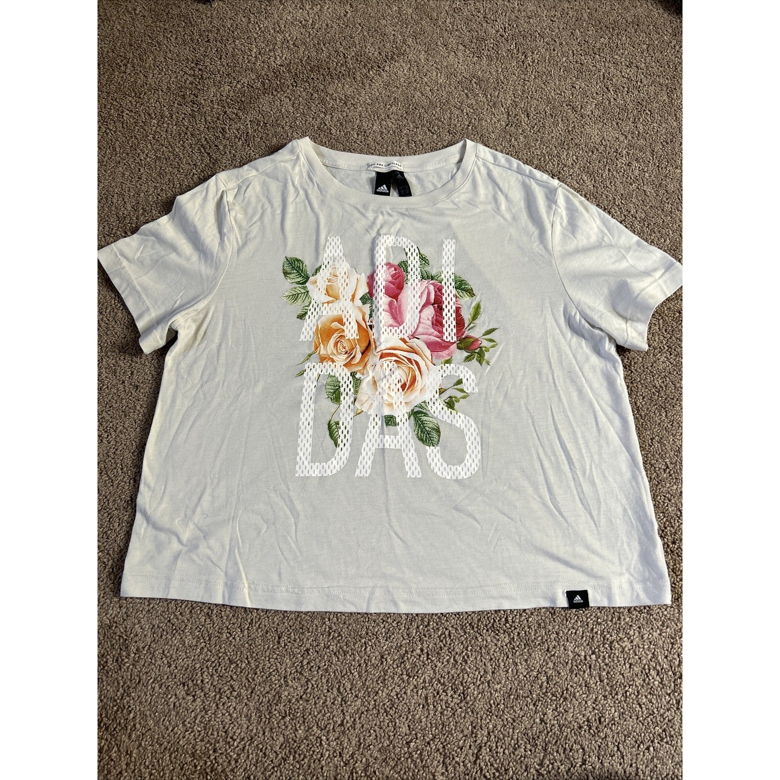 Adidas Women’s Size Large Floral Cropped T-Shirt Short Sleeve Logo Graphic Tee