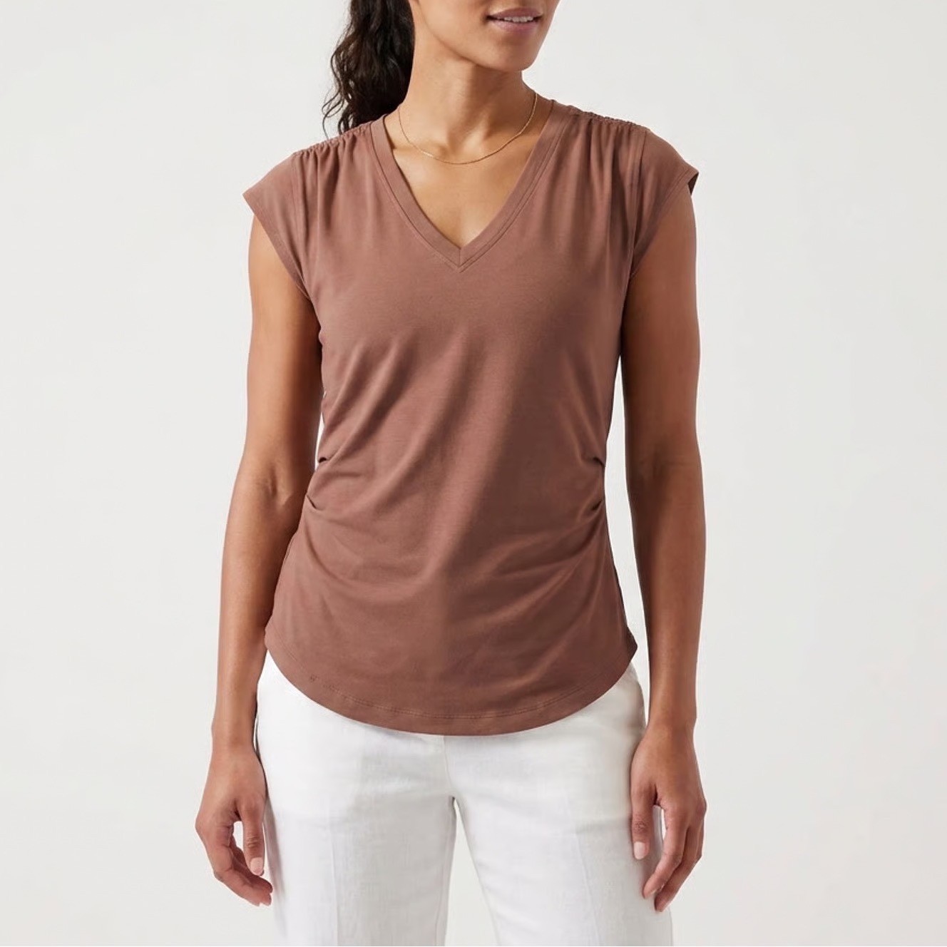 Athleta Renew V-Neck Ruched Cap Sleeve Top Brown Mahogany Large