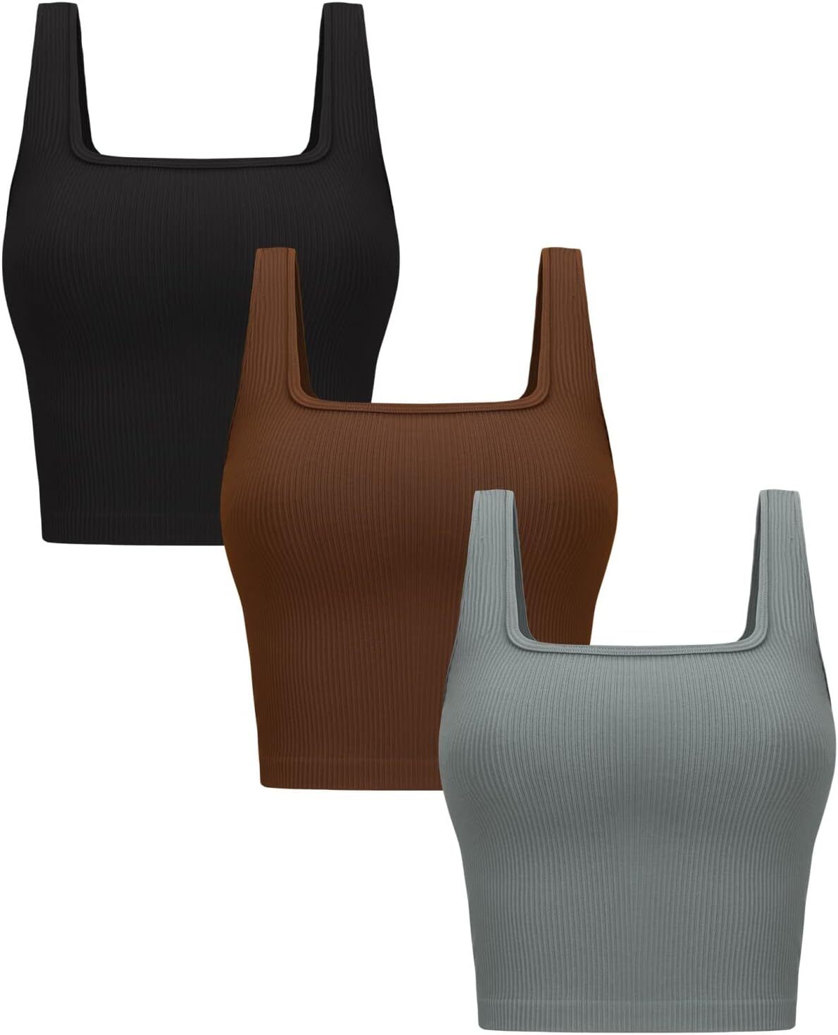 Womens 3 Pack Crop Tank Tops Basic Seamless Ribbed Sleeveless Square Neck Top