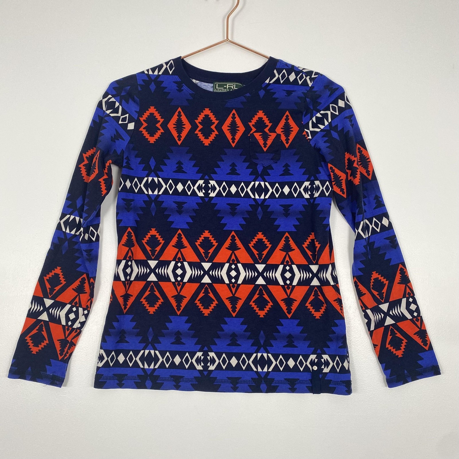 Lauren Ralph Lauren Shirt Womens Small Blue Aztec Print Long Sleeve Pocket Top