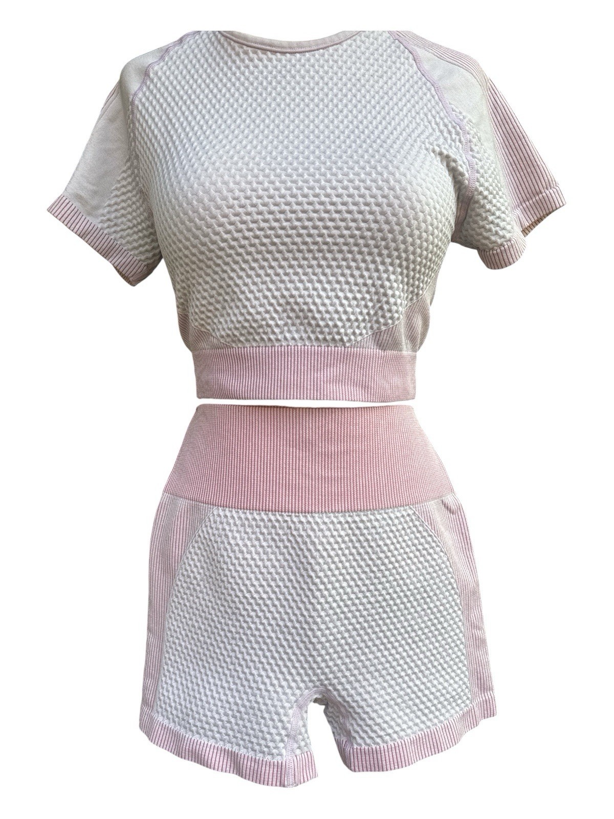 Pink Honeycomb Texture Athletic Set Crop Top & High Waist Shorts 2 Pc **Size S