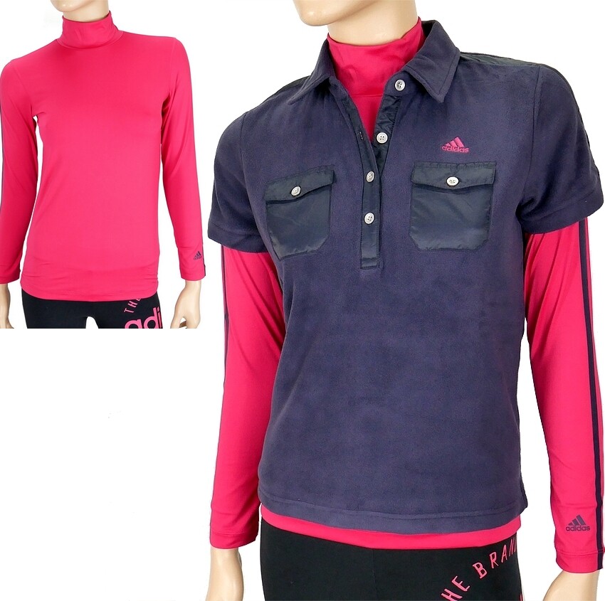 Adidas Set Womens Fleece Polo Shirt + Turtleneck Long Sleeve Sports Golf Purple Blue Pink