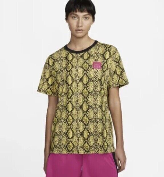 Women’s Nike Air Fly Snake Print T-Shirt Loose Yellow Black Sz XS – N3