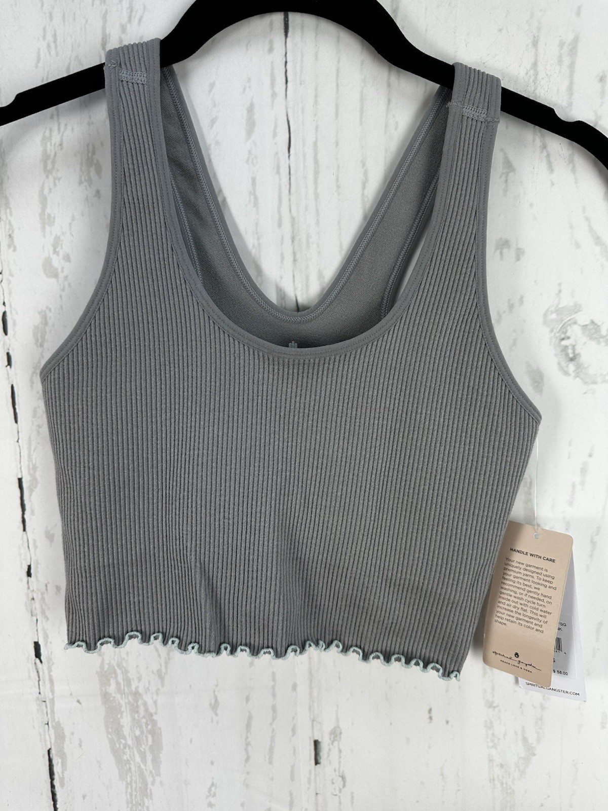 NWT Spiritual Gangster XS/S grey Amor Ribbed ruffled Crop Tank Top – MSRP $58