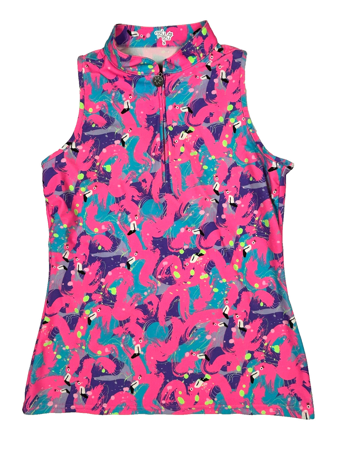 TZU TZU Sport Golf Mock Polo Bella Top Small Sleeveless Neon Pink FLAMINGO print