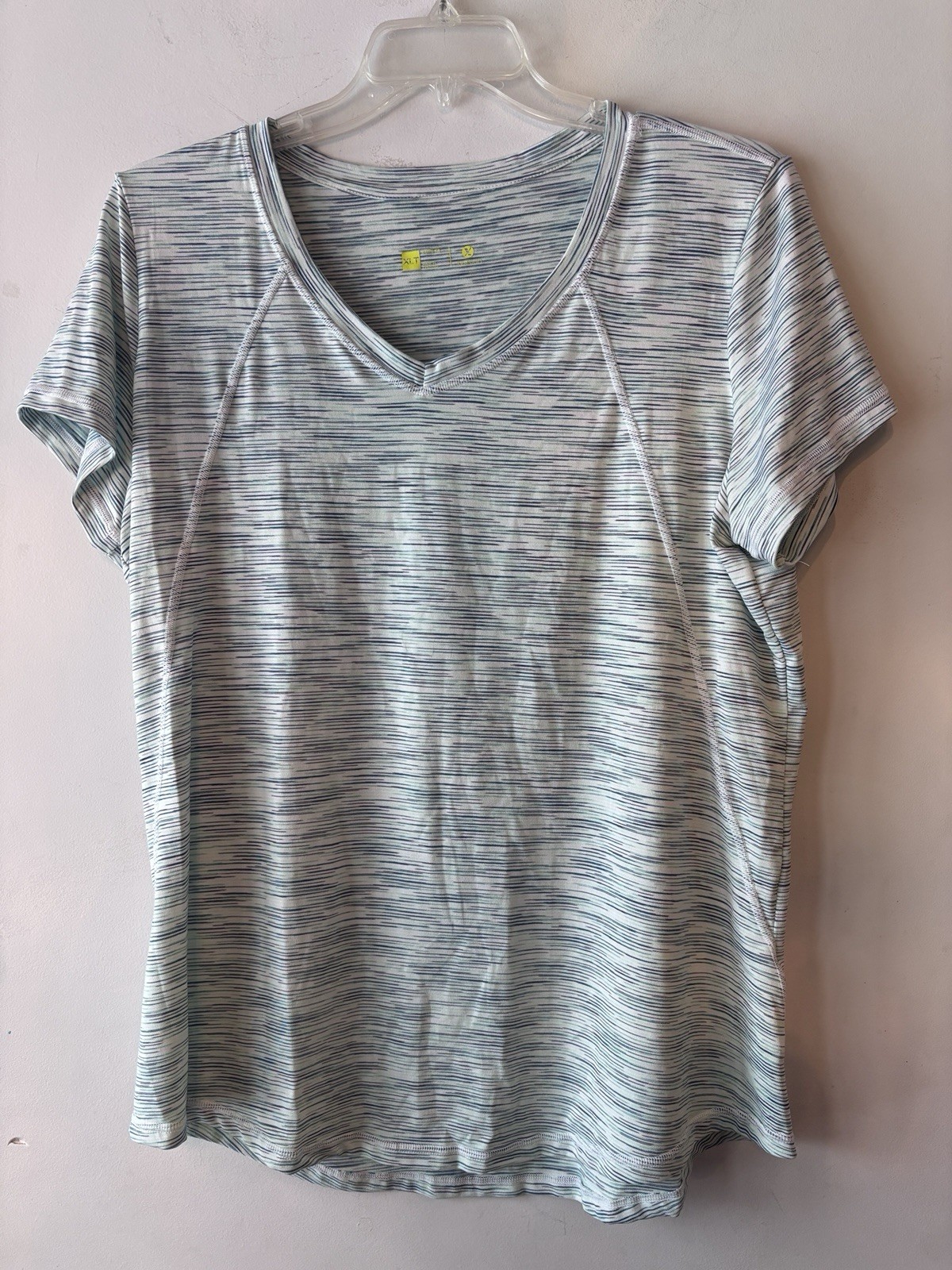 Xersion Short Sleeve V Neck Athletic Top Green Stripes Poly Spandex Blend XLT