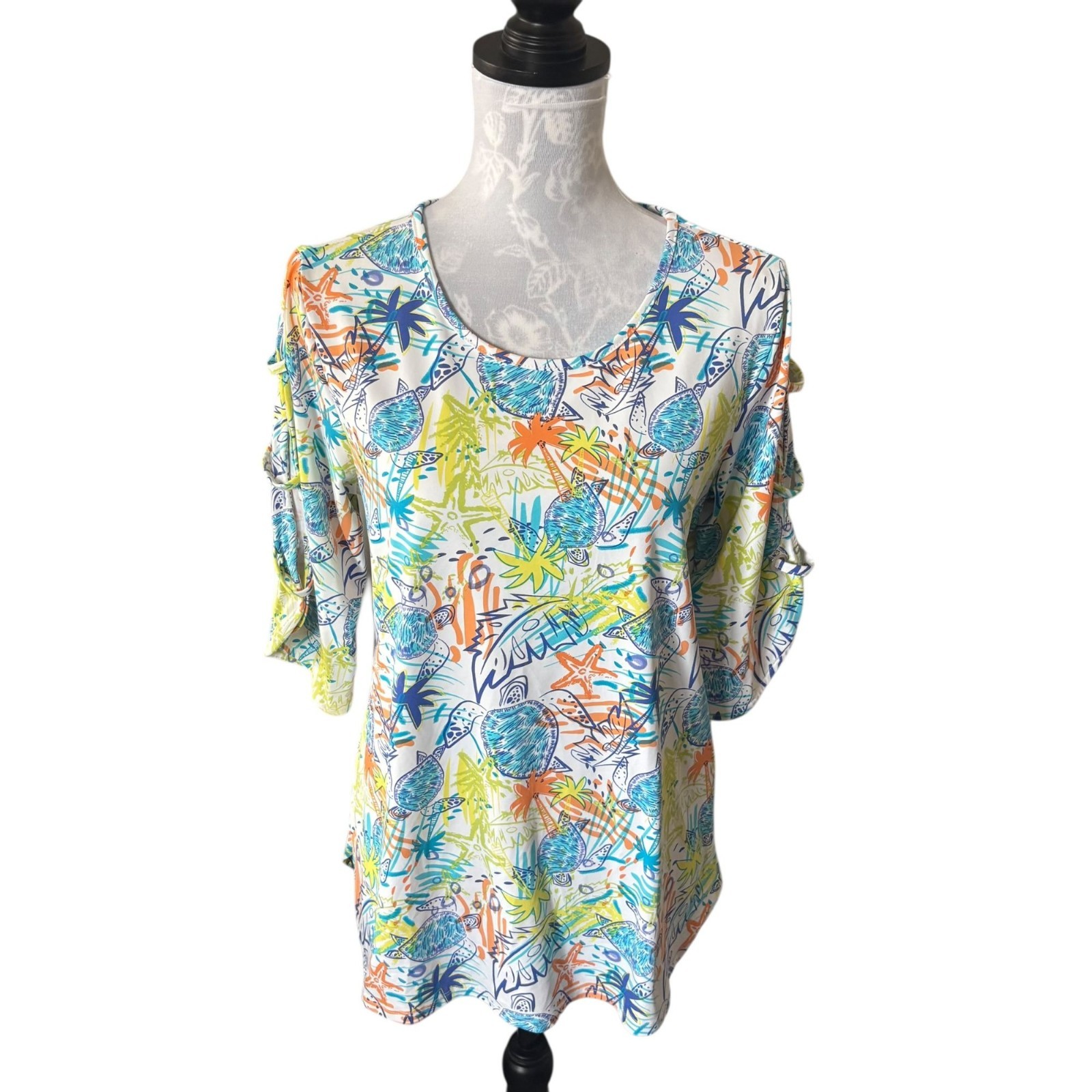 Lulu-B Womens UPF 50+ Floral Beach Print Colorful Golf Top Shirt Small