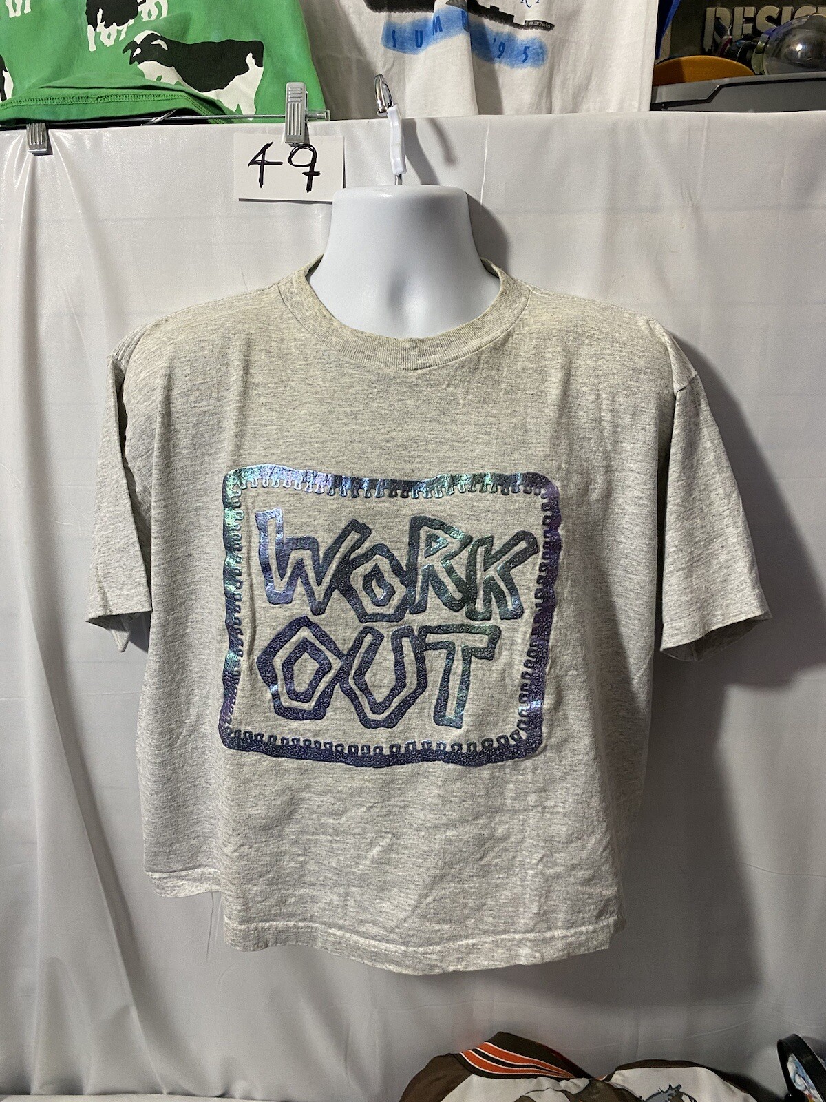 vintage 80s/90s Work Out raised purple graphic on a Prin Temps tee OSFA