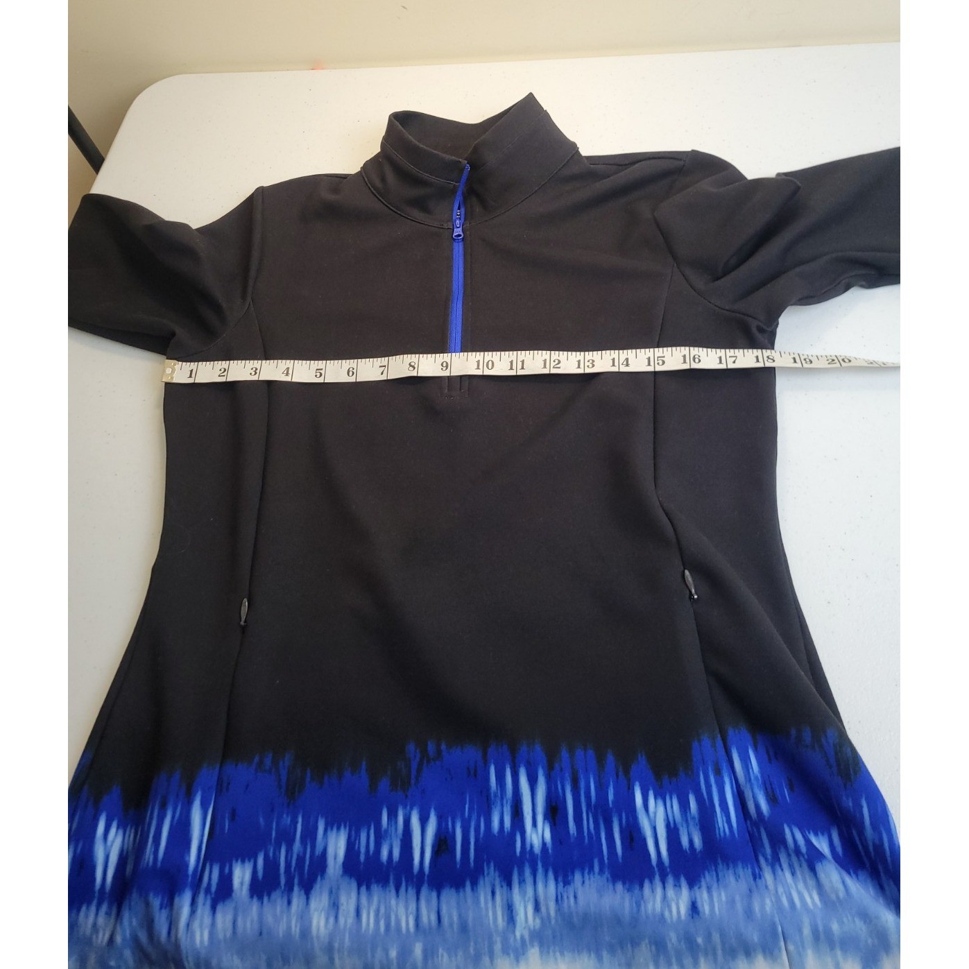T by Talbots Pullover Quarter Zip UPF 50 Activewear Top Ombre Tie Dye Black Blue