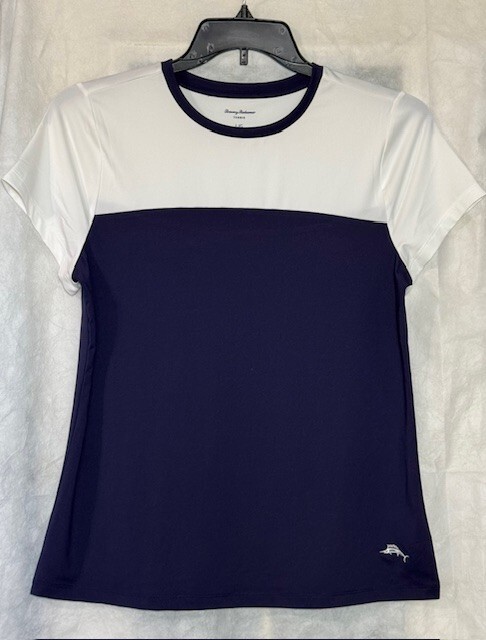 Tommy Bahama Tennis Athletic Womens Size L Shirt ColorBlock Blue White w/Logo