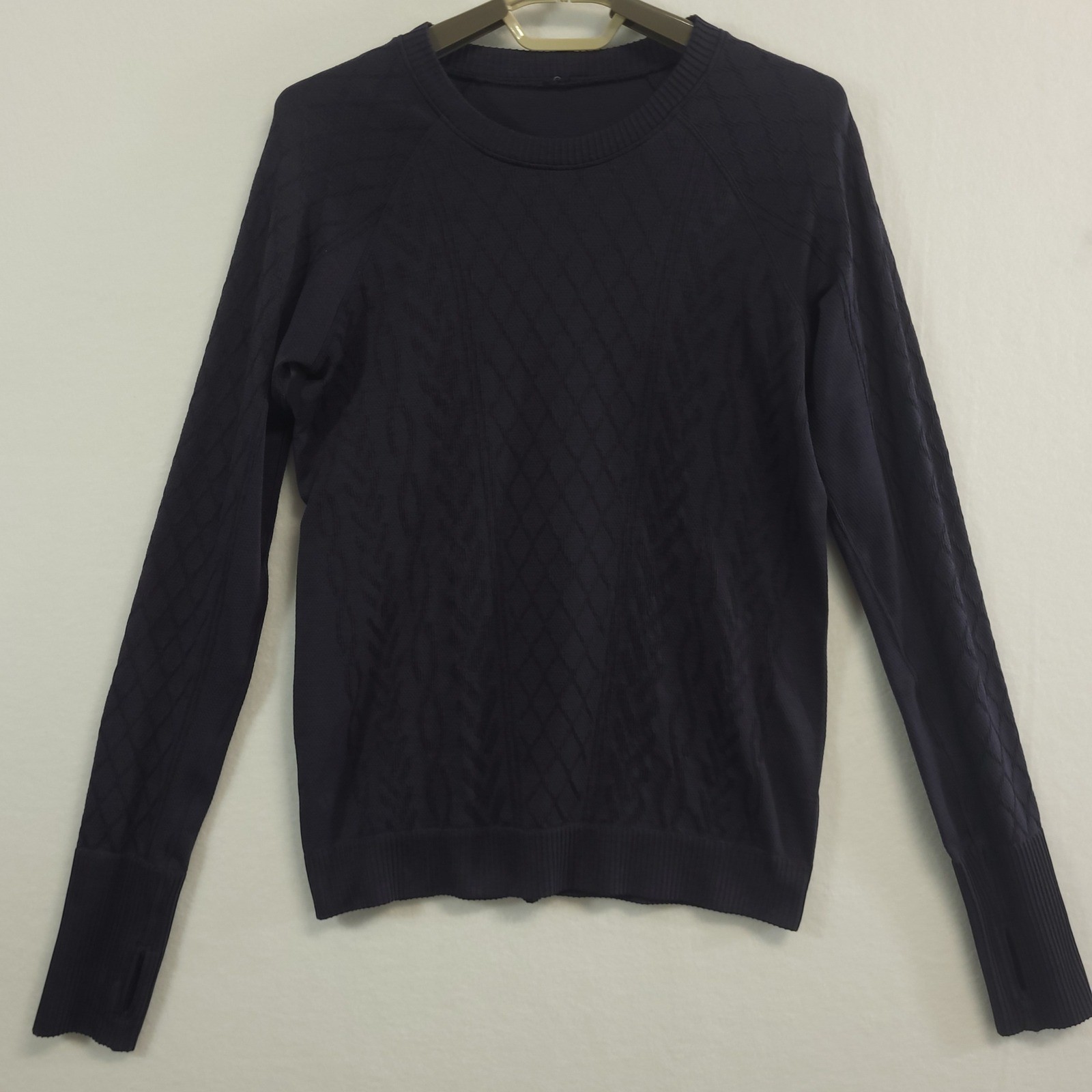 Lululemon Rest Less Pullover Womens 6 Navy Blue Cable Knit Thumbhole Sweater