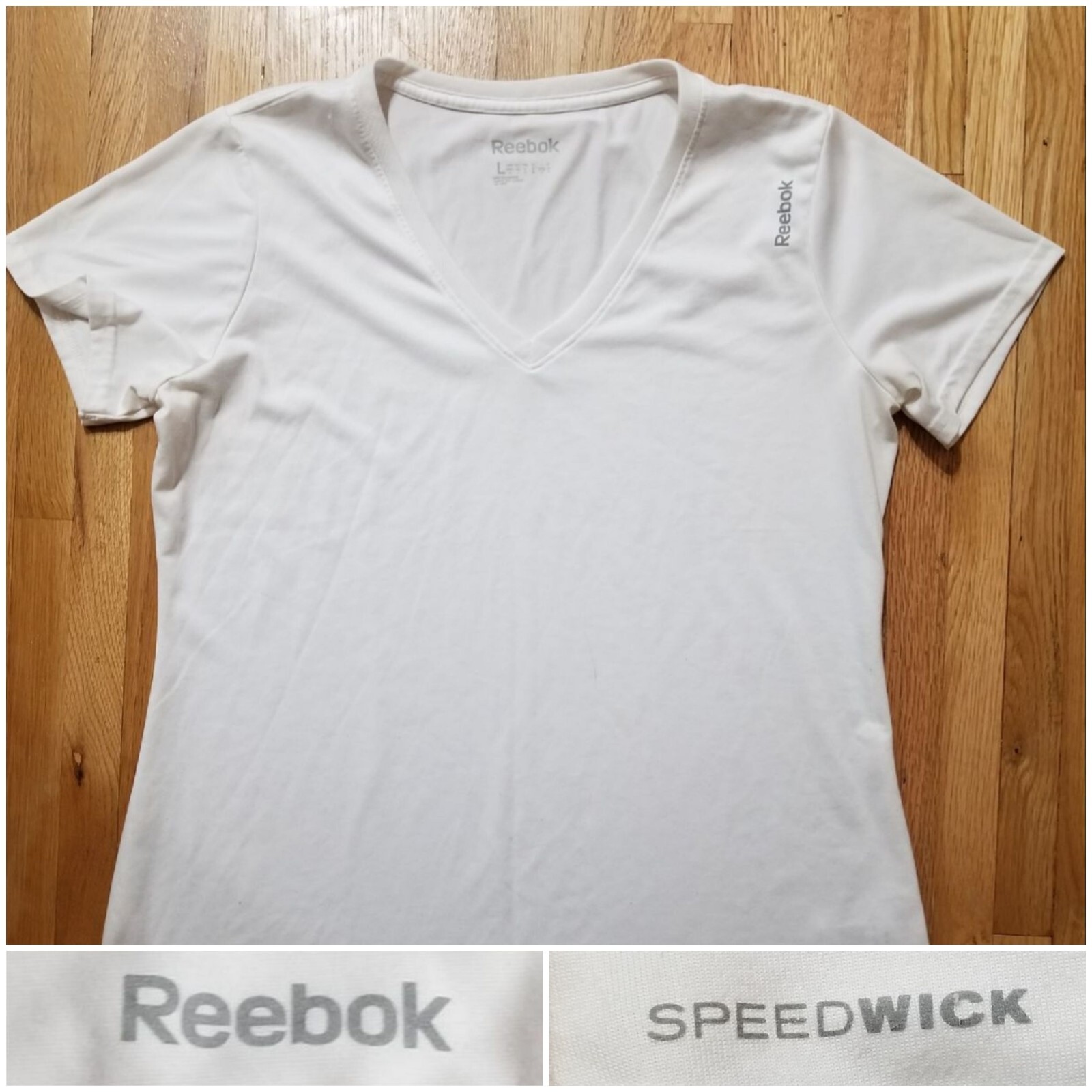 REEBOK SpeedWick Size Large White Active Wear V Neck Short Sleeve Women’s Top