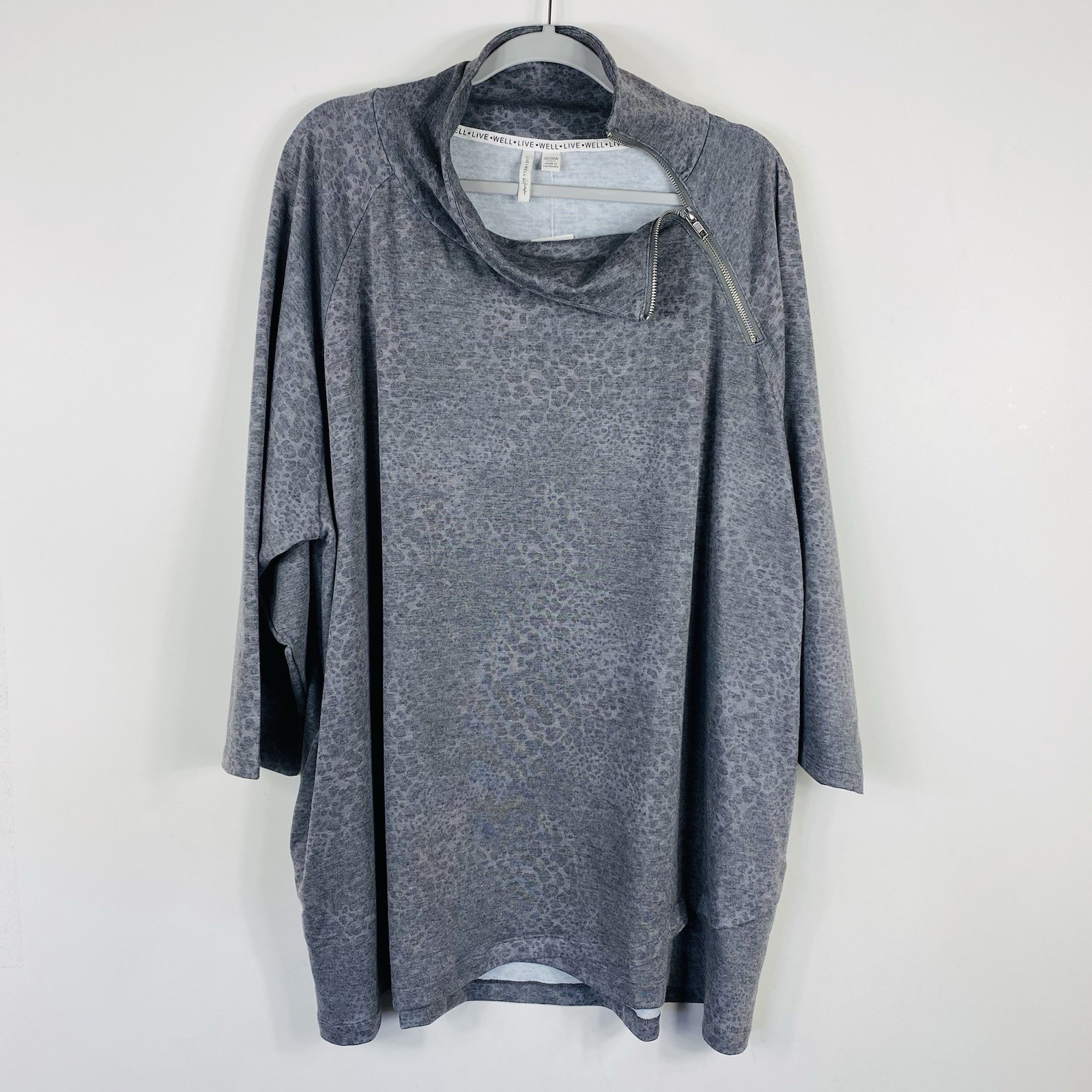 Cato Top 26 28 Gray Cheetah Print Cowl Zip Pullover