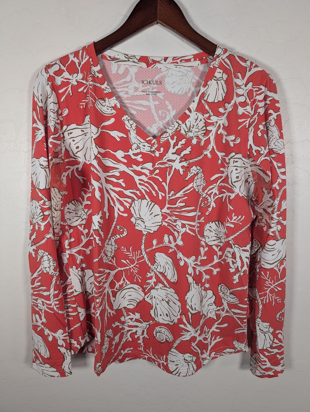 Icikuls Shirt Womens Large Coral Pink V Neck Long Sleeve Sea Life Seashell Mesh