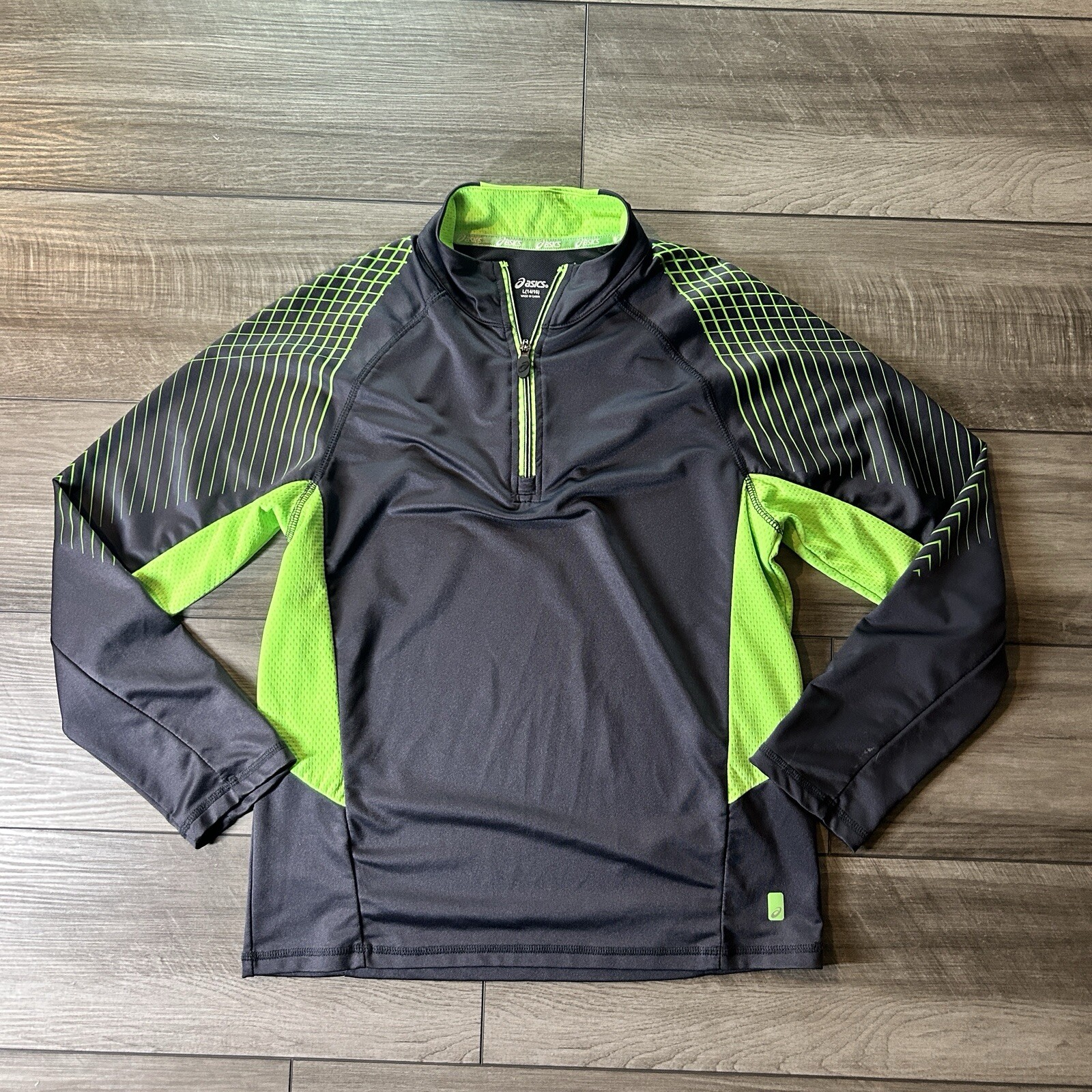 Asics Women 1/4 Zip Pullover Athletic Lng Sleeve Top Dark Gray & Neon Green Sz L