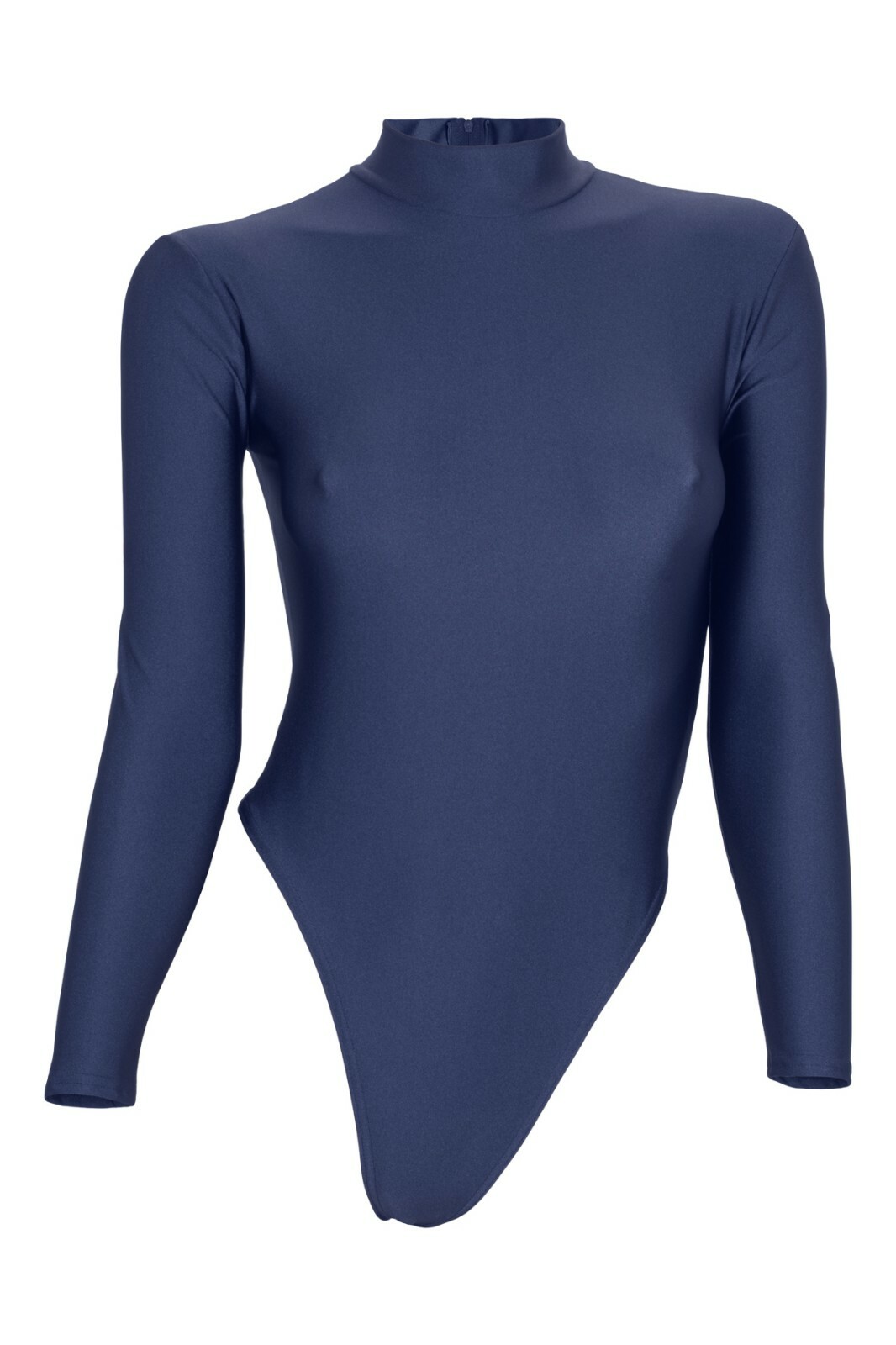 Ladies string body long sleeves back zip navy leotard stretch shiny shiny