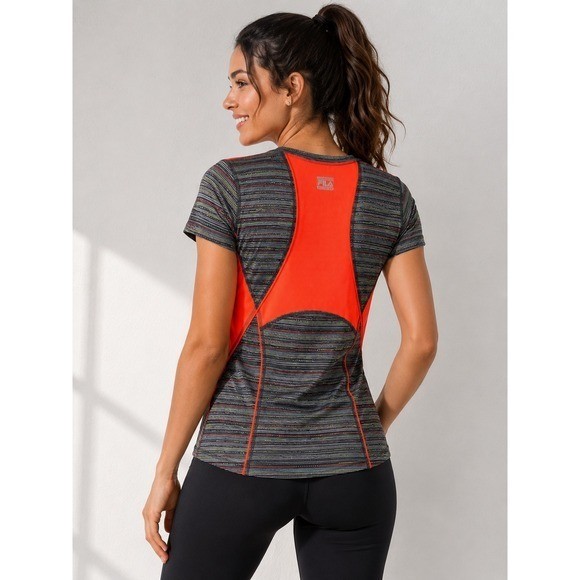 Fila Sport Running Top Women’s Large Neon Orange Gray Striped Athletic Tee