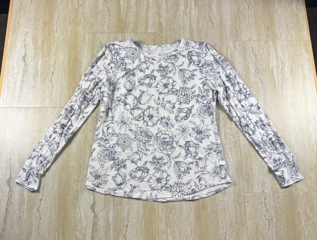 T by Talbots Women L White Blue Floral Long Sleeve Athleisure Casual Shirt