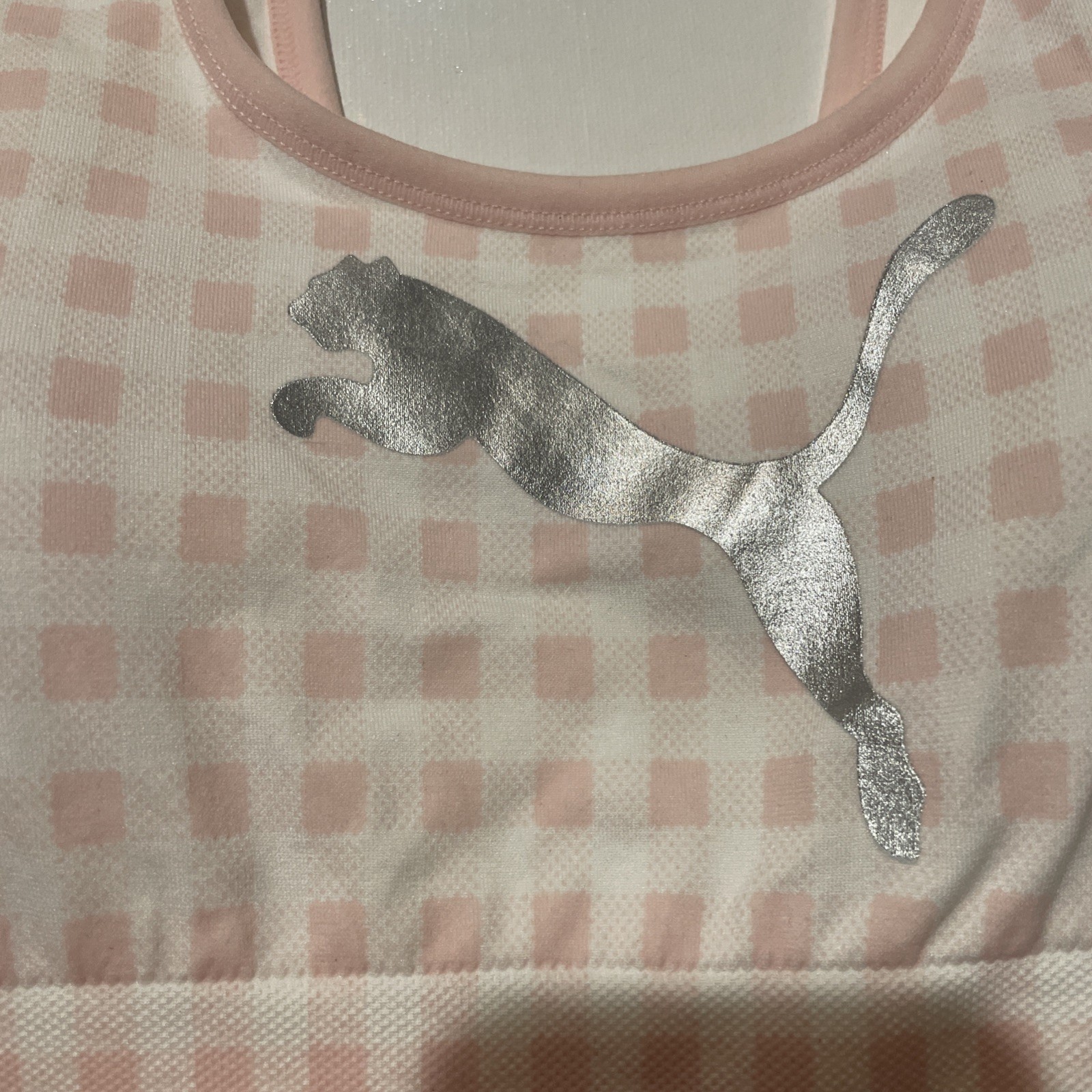 Puma Pink Crop Top Bra White Gingham Print Silver Cat. Foam Cups New