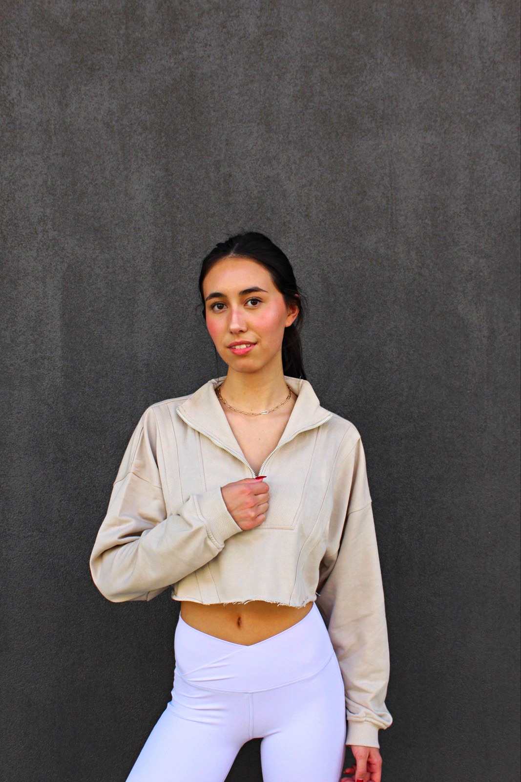 Women’s Beige Cropped Long Sleeve 1/4 Zip Collared Pullover Top S