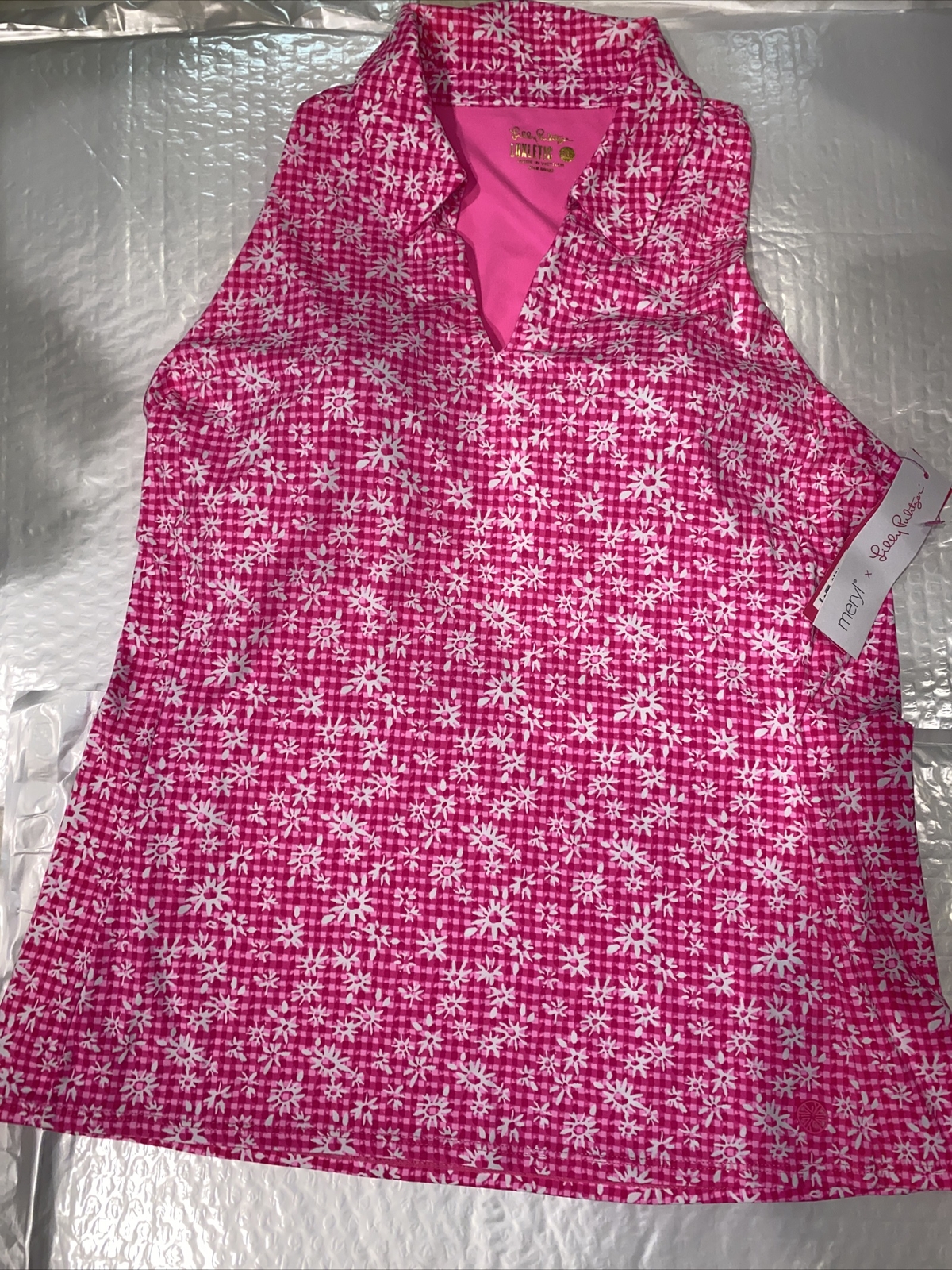 NEW LILLY PULITZER LAKELYN Pickleball Tennis TOP Hot PINK White Gingham XL Golf