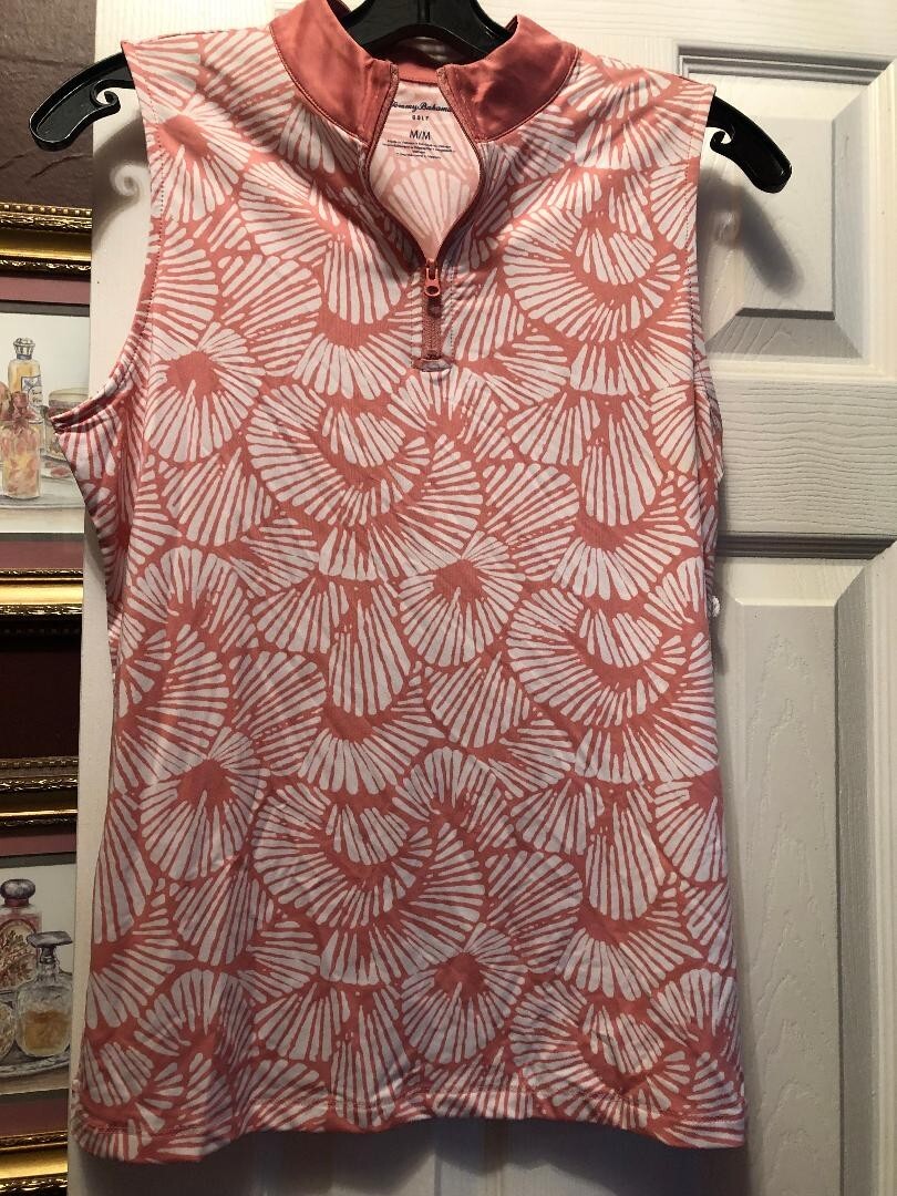 NWT TOMMY BAHAMA Coral Mauve Glow Shell Stamp Sleeveless Mock Golf Shirt M L XL