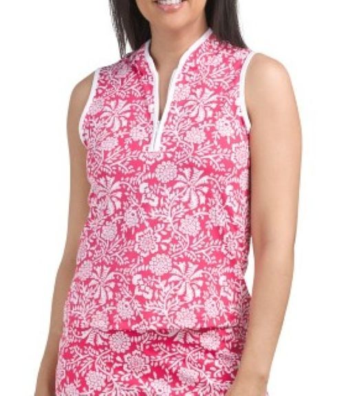 NWT SIGRID OLSEN Raspberry & White Rania Floral Sleeveless Mock Golf Shirt – XL
