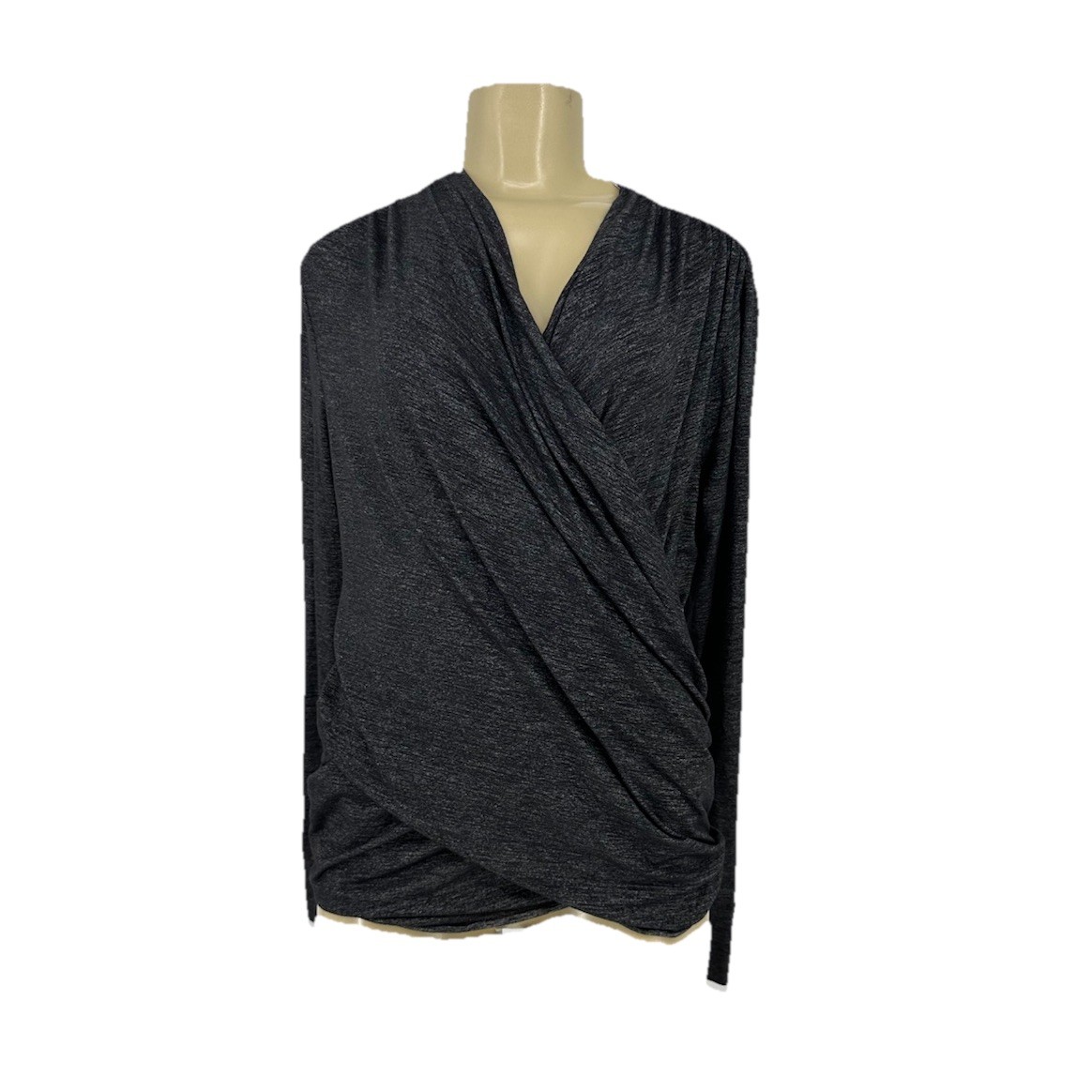 Athleta Medium Women Odyssey V-neck Wrap Top Sleeve Gray Black Stretch Knit 8-8