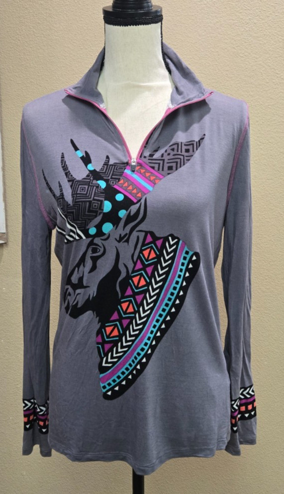 Krimson Klover sz L long sleeve top 1/4 zip base layer moose tribal print