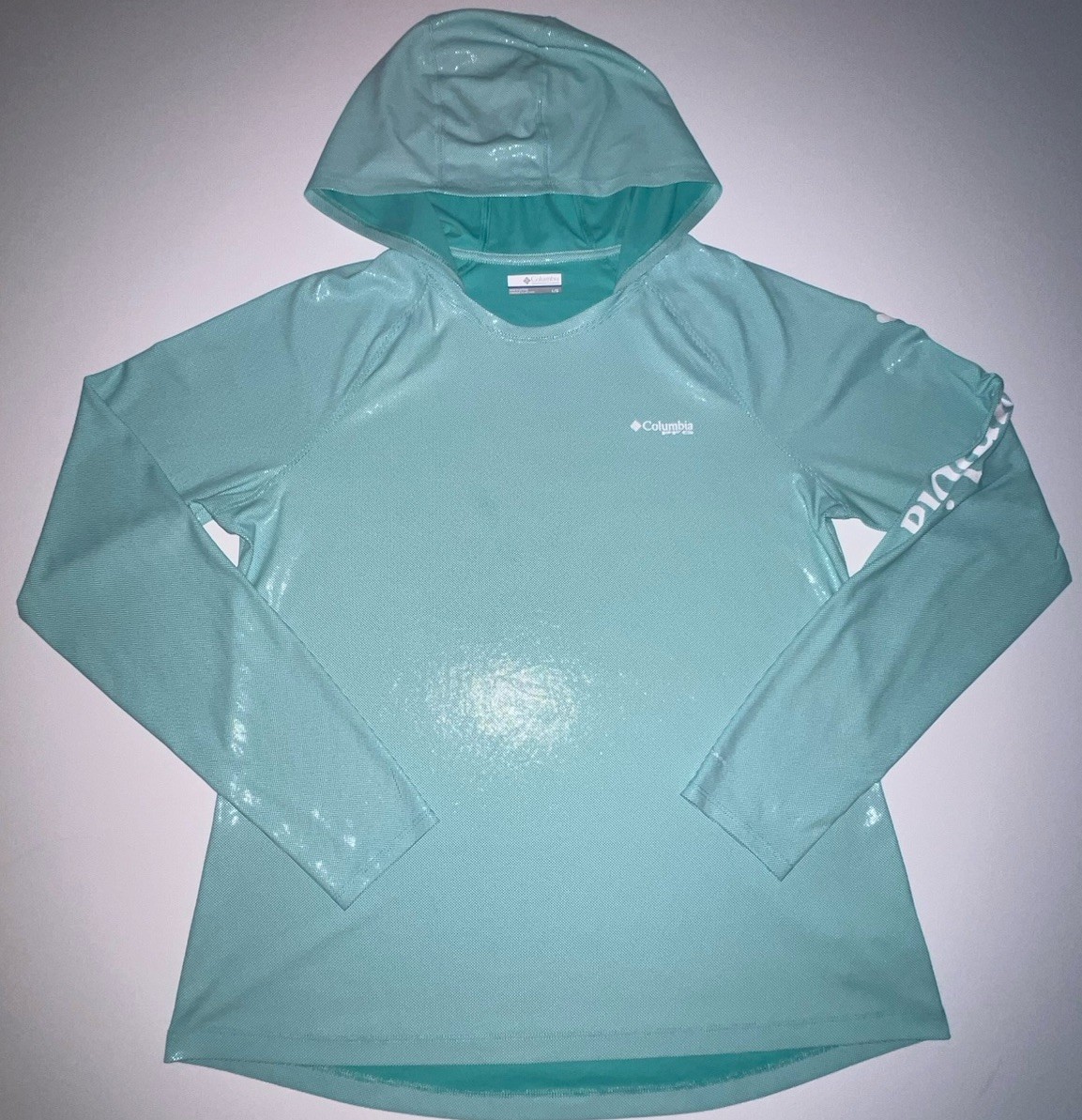 Columbia PFG Womens Large Aqua Hooded Omni Shade Long Sleeve Fishing Shirt