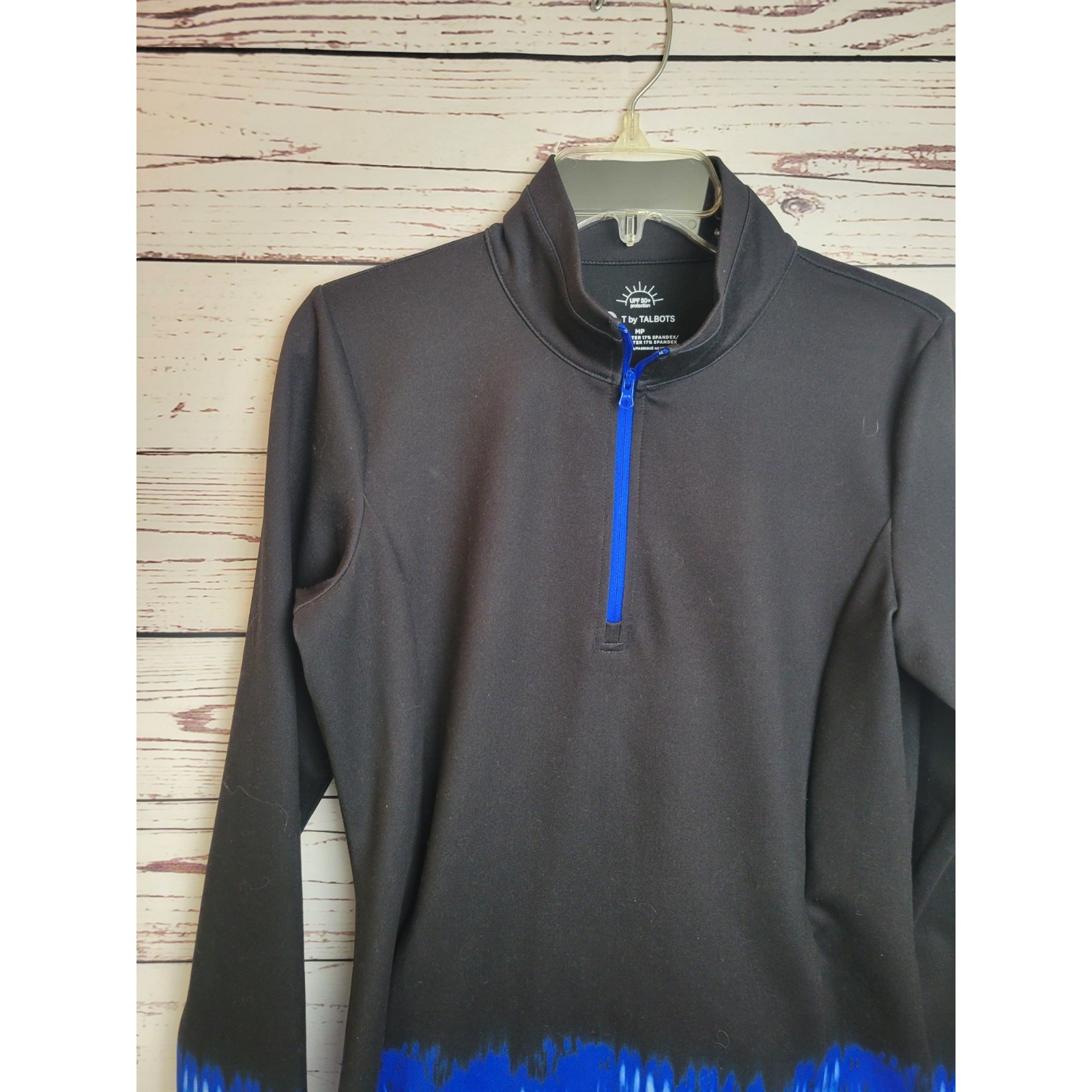 T by Talbots Pullover Quarter Zip UPF 50 Activewear Top Ombre Tie Dye Black Blue