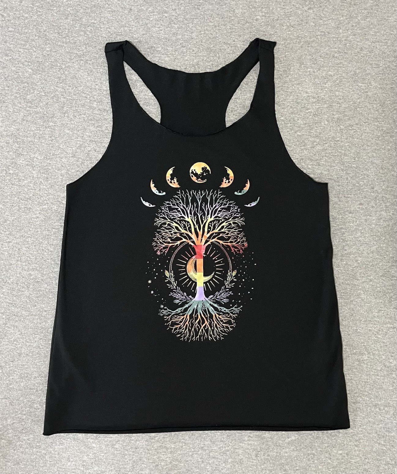 🌙 SHEIN Black Racerback Tank w/ Multicolor Tree & Moon Graphic | Women’s Sz Sm