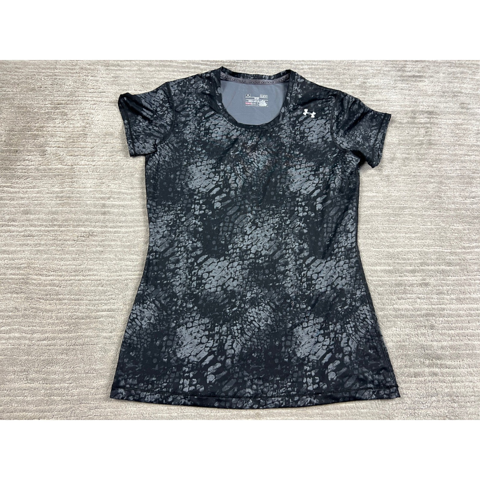 Under Armour Performance Top Womens Small Black Grey HeatGear Snakeskin Fitted