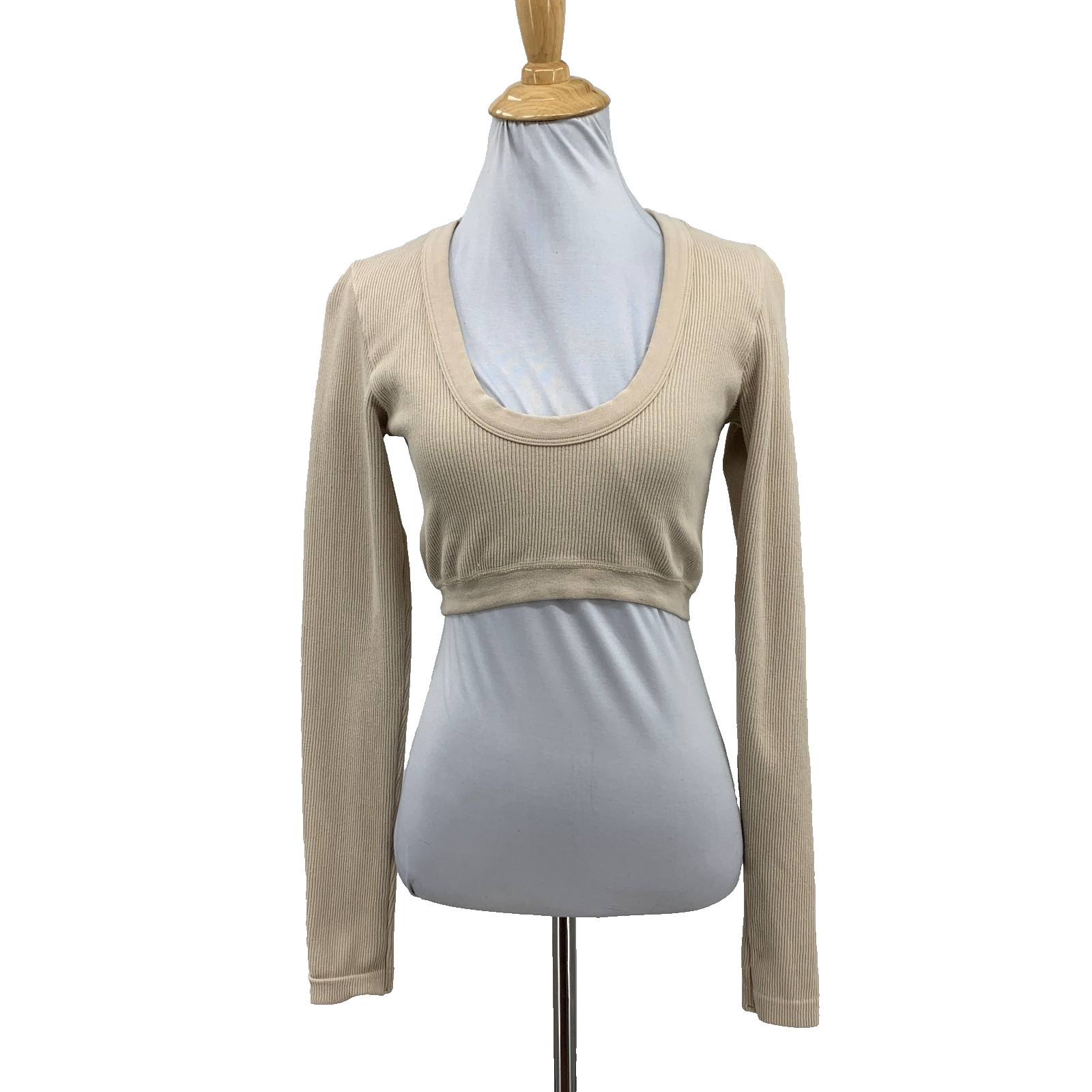 Alo Yoga Top Womens S Small Beige Long Sleeve Ribbed Knit Cropped Scoop Neck