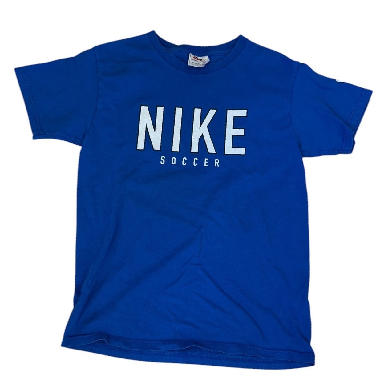 Vtg 90s Nike Soccer Graphic T-Shirt Womens Blue Made in USA Short Sleeve sz L