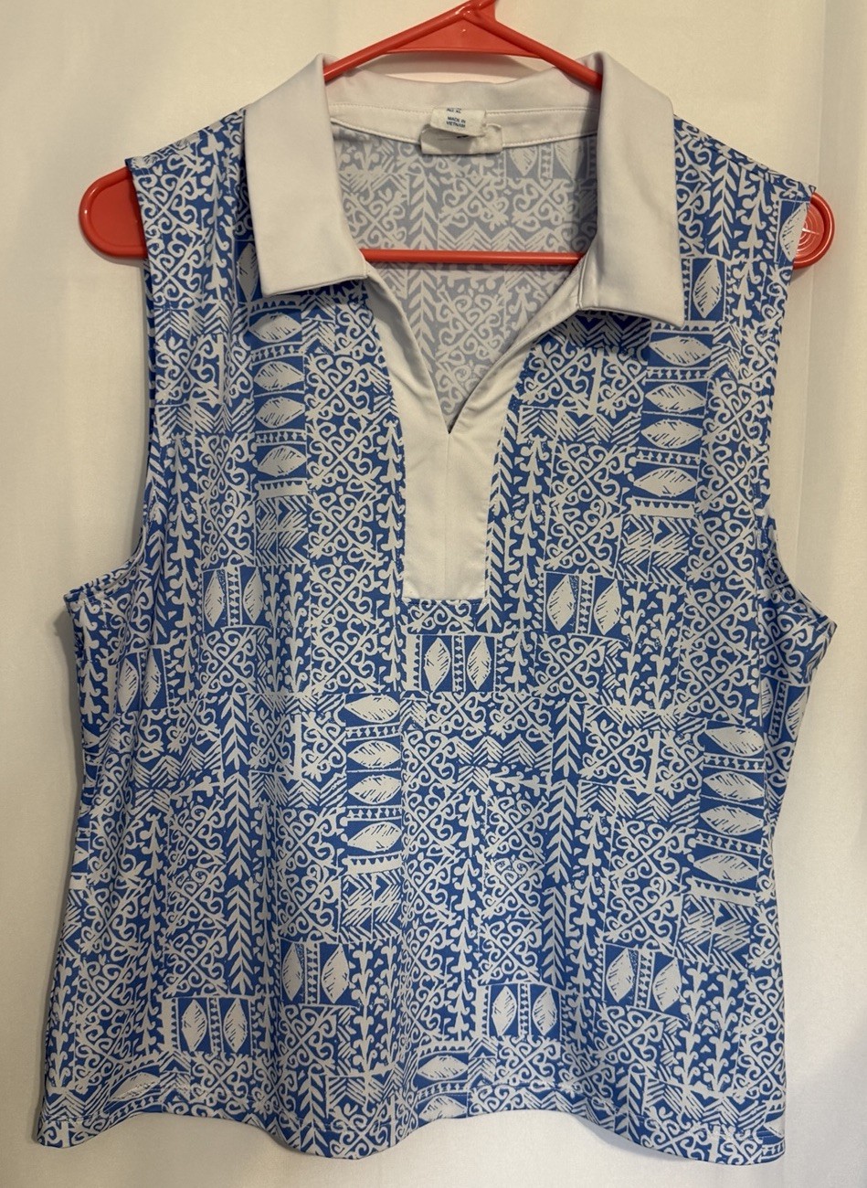 Sigrid Olsen Blue White Sleeveless Polo Top Women’s XL Golf Casual