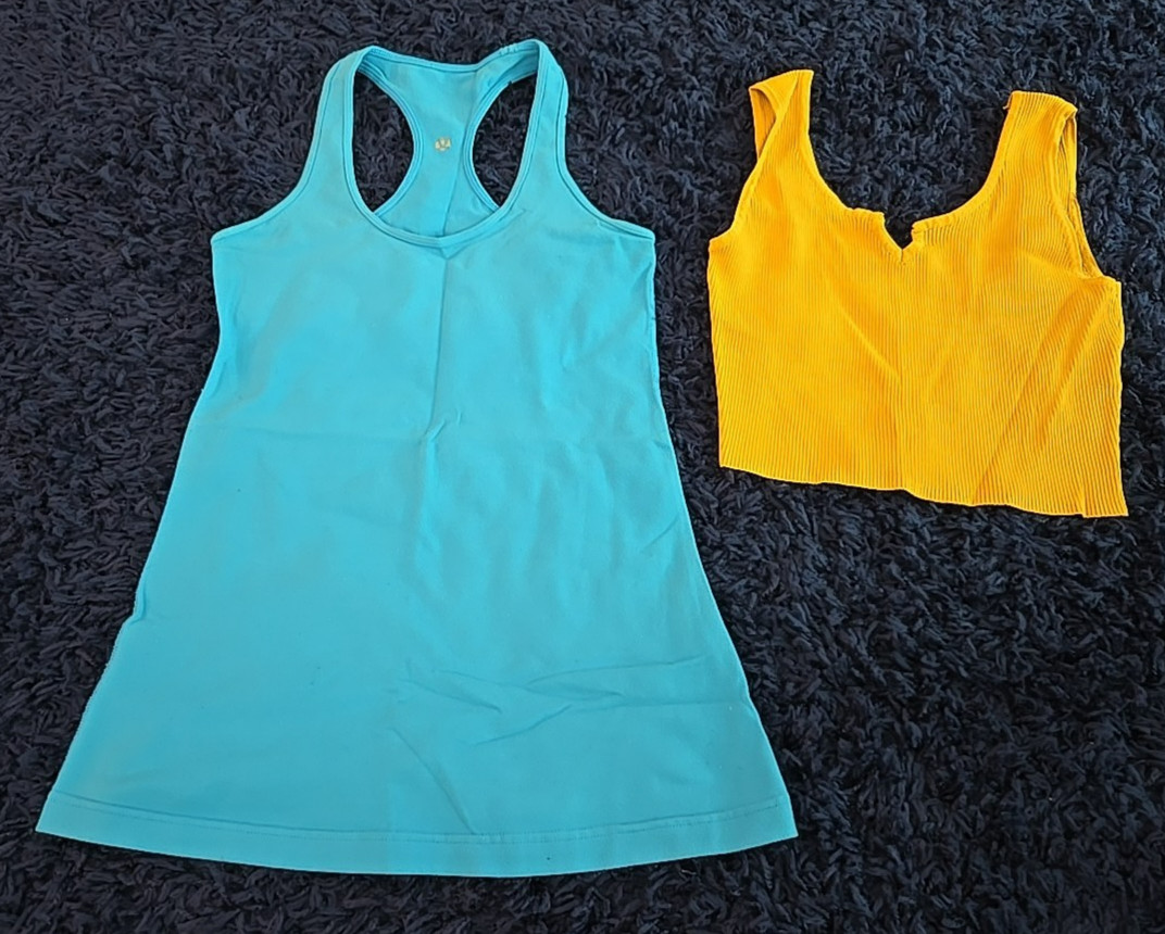 Lululemon Racerback Tank Top Turquoise Blue + Notched Gold Mustard Yellow Tank