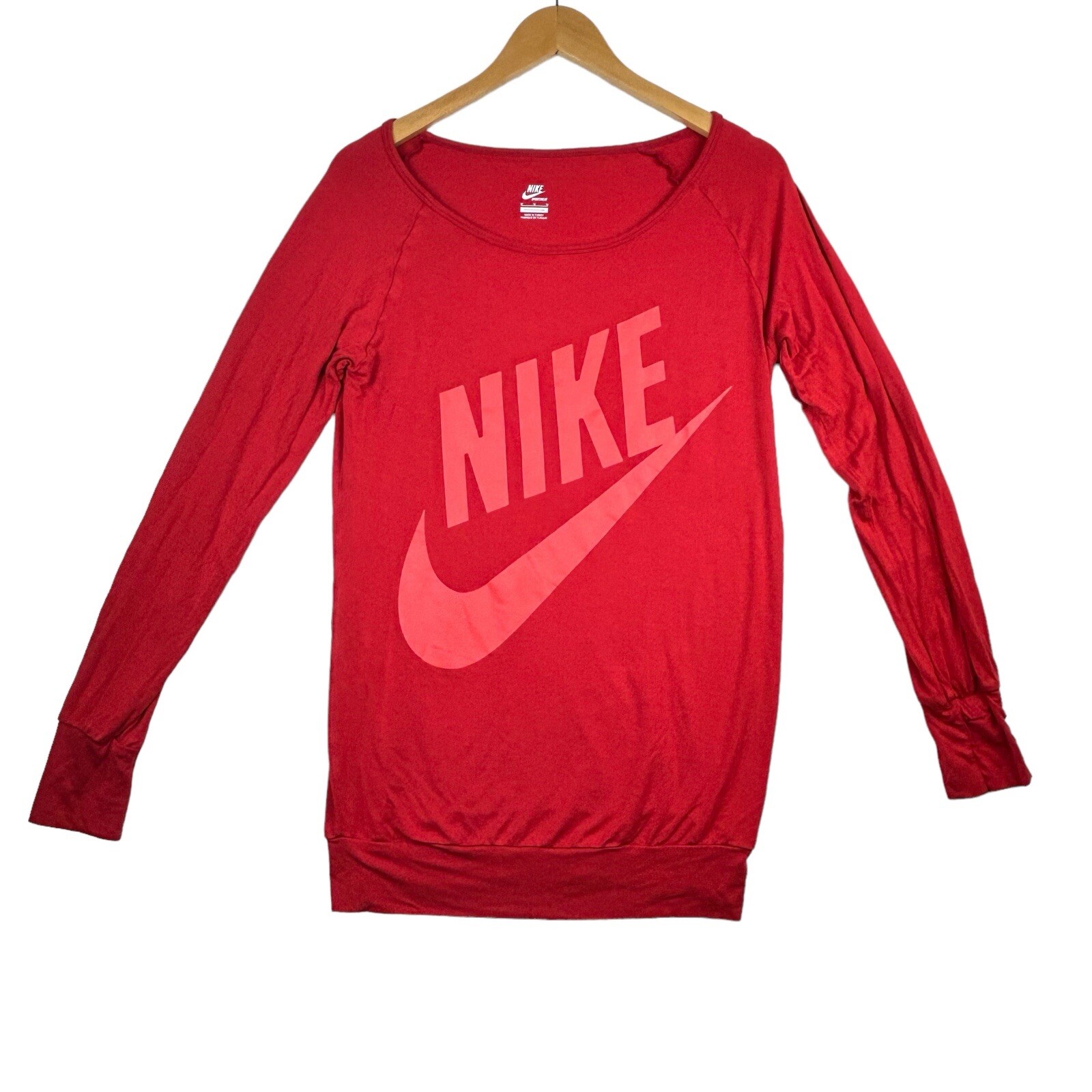 Nike Sportswear Top Women’s Sz M Red Scoop Neck Long Sleeve Logo Banded Bottom
