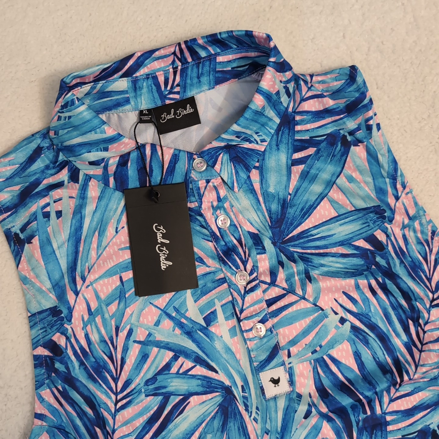 NEW Bad Birdie Women XL Blue Pink Floral Palm Branch Sleeveless Polo Golf