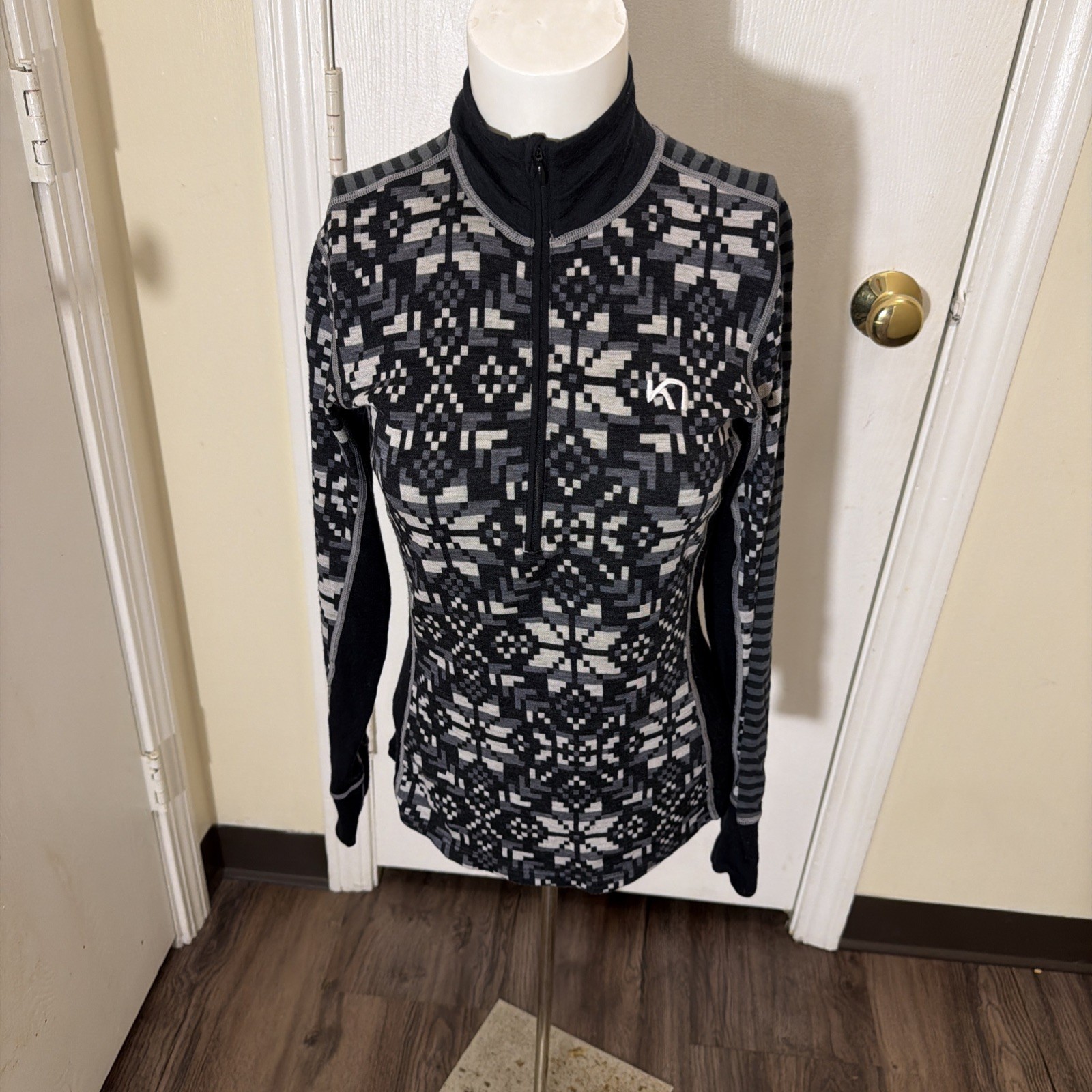 Kari Traa Wool Else Half Zip Base Layer Top Women M Black Nordic Print Gorp