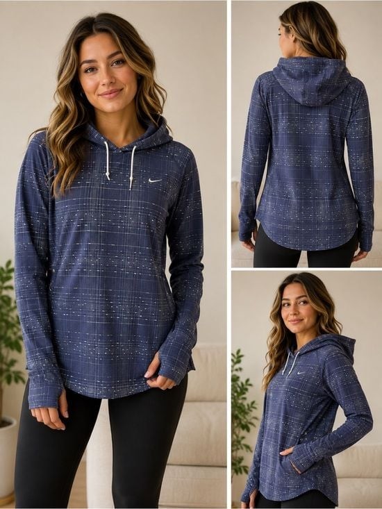 Nike Dri-FIT Hooded Pullover Performance Top Blue Grid Print Women’s Small