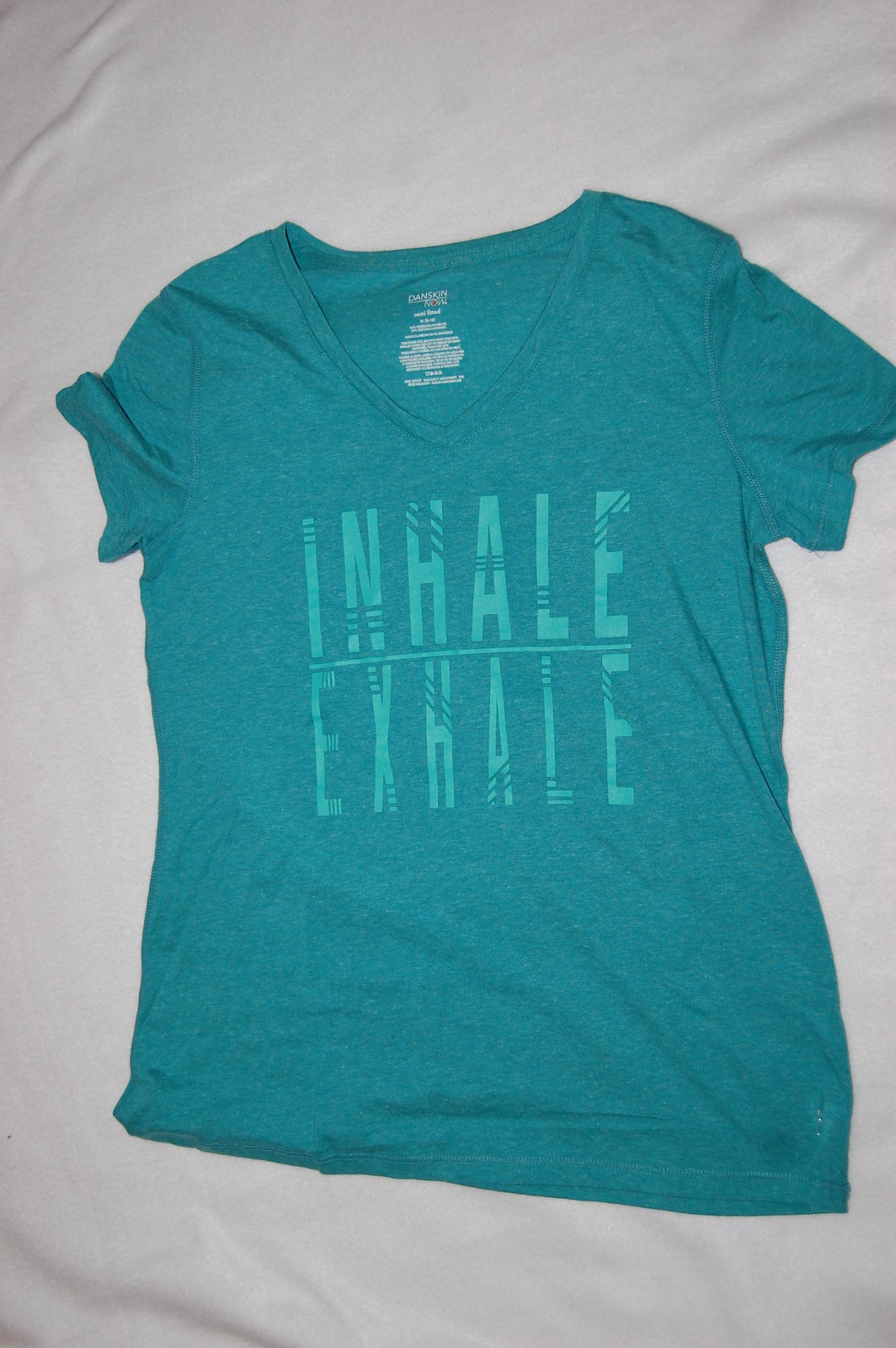 Womens S/S Fitness Tee TEAL GREEN V NECK Semi Fitted INHALE EXHALE Size M 8-10