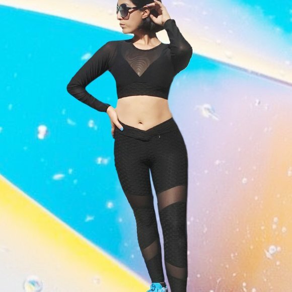 DYUKI Athletic Workout Set Scrunch Leggings Cropped Top Padded Long Sleeve S/M